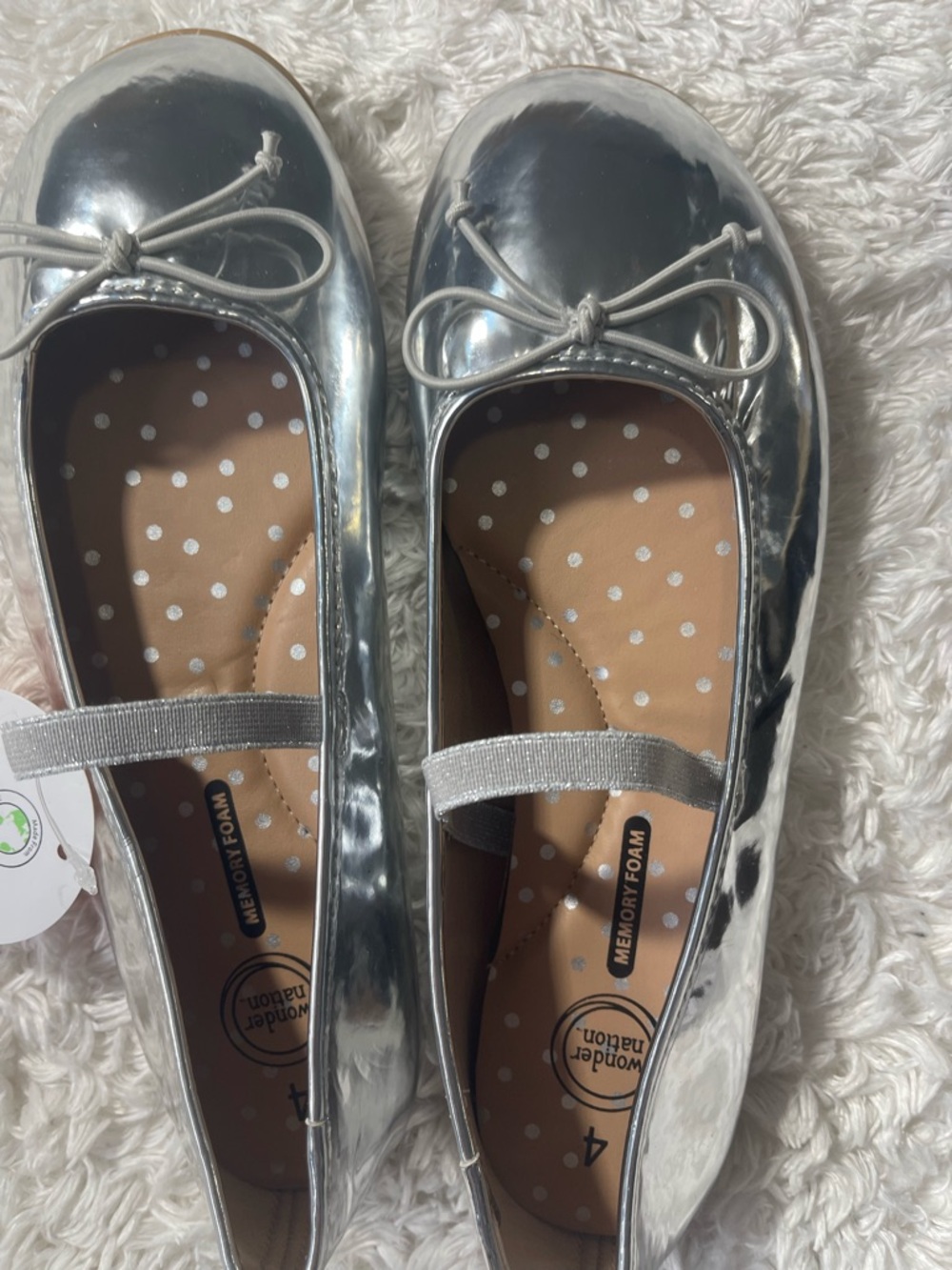 wonder nation Silver Metallic Girls' Ballet Flats with Bow Strap